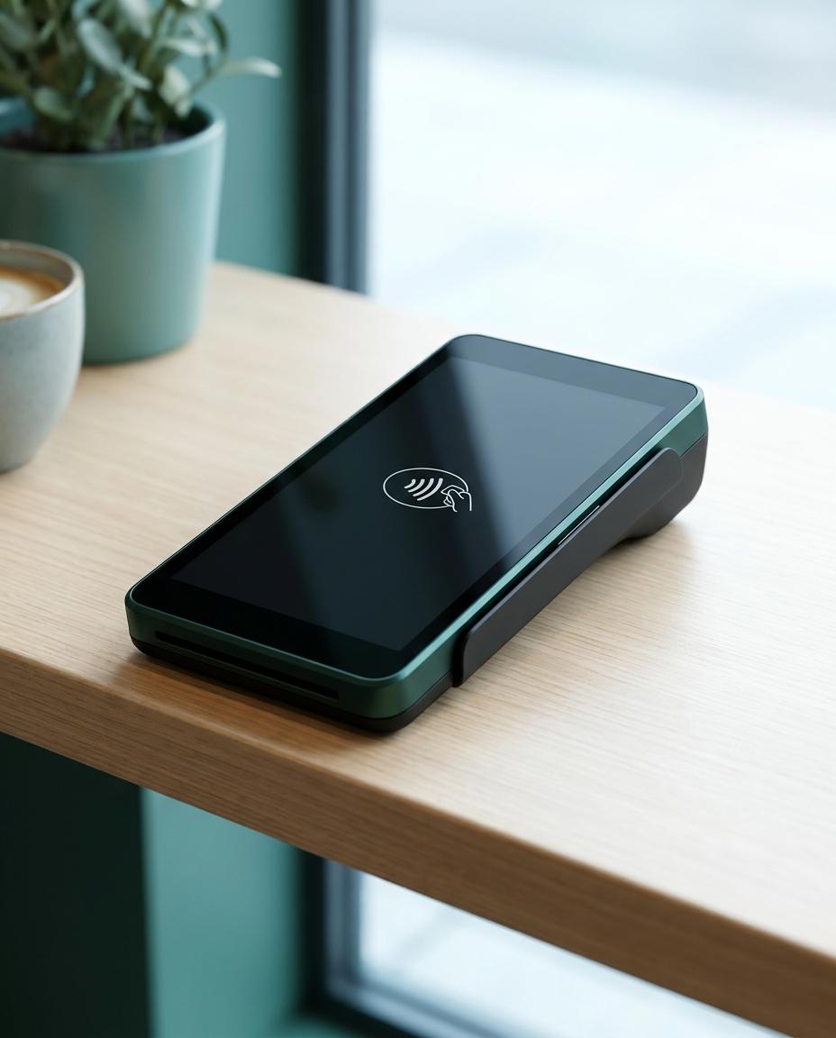 A Kashu card terminal on a counter, ready for a contactless tap payment