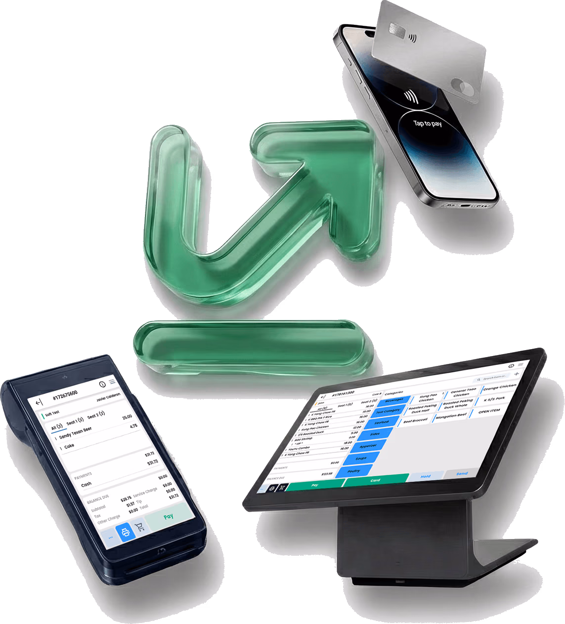 Kashu POS hardware: handheld terminal, countertop tablet, and tap-to-pay on phone