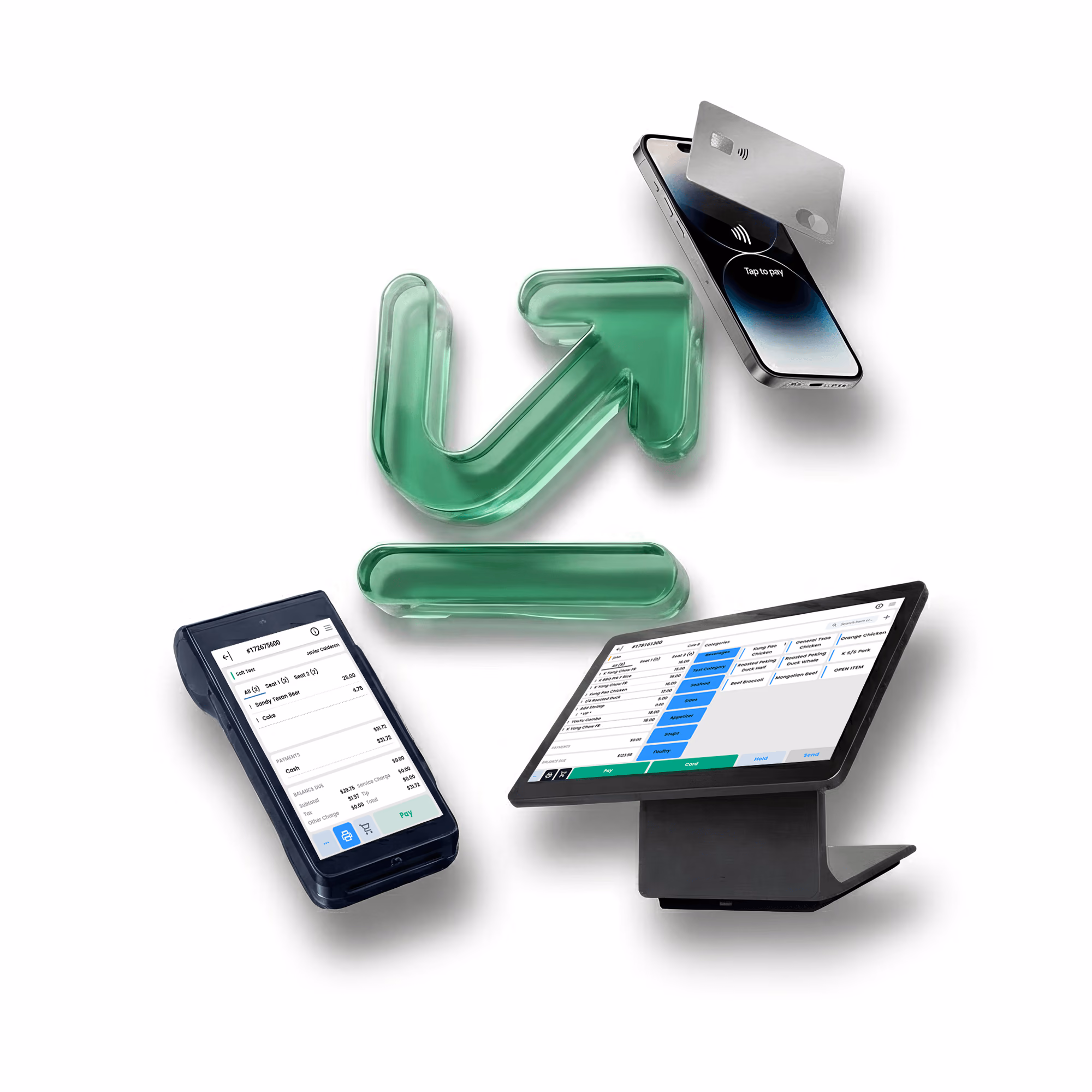 Kashu in person: a phone taking a Tap to Pay contactless payment, a handheld card terminal, and a countertop POS register around the Kashu glass mark
