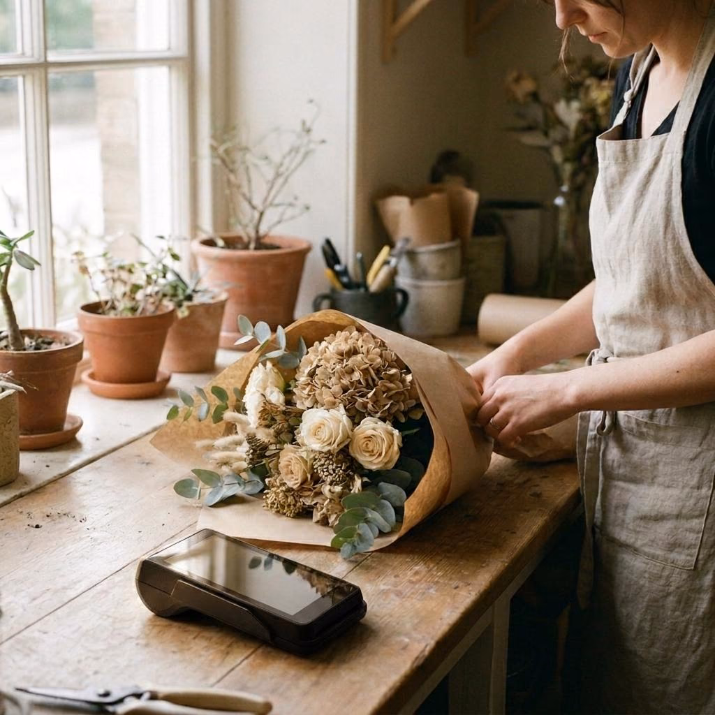 A Kashu handheld terminal on a florist's workbench