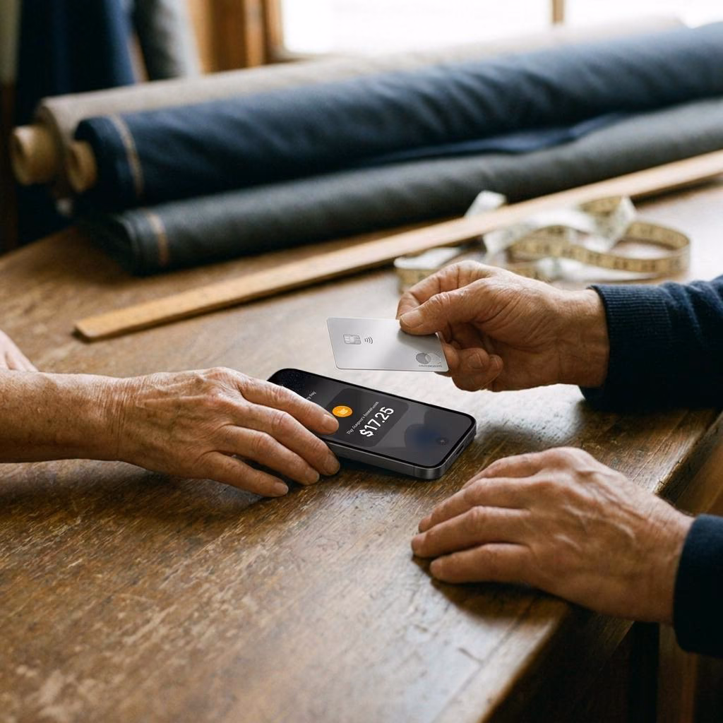 A customer paying by tapping a card to a phone