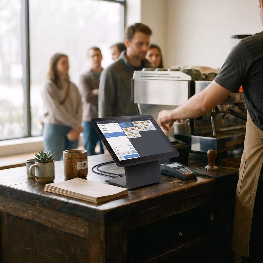A Kashu register on a café counter as customers line up